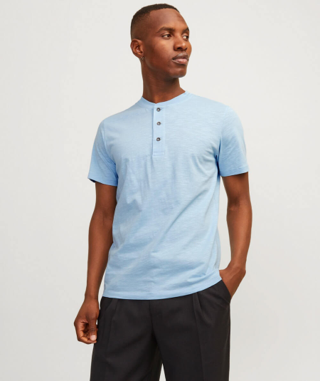 Camiseta cuello grandad en tejido jersey cepillado,  color azúl