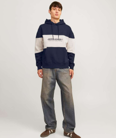 Sudadera azul Jack & Jones de manga larga, estilo wide fit, con un diseño de capucha forrada y detalles en goma