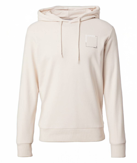 Sudadera beige con capucha ajustable Jack & Jones, con estampado de logo frontal y puños acanalados para un ajuste perfecto