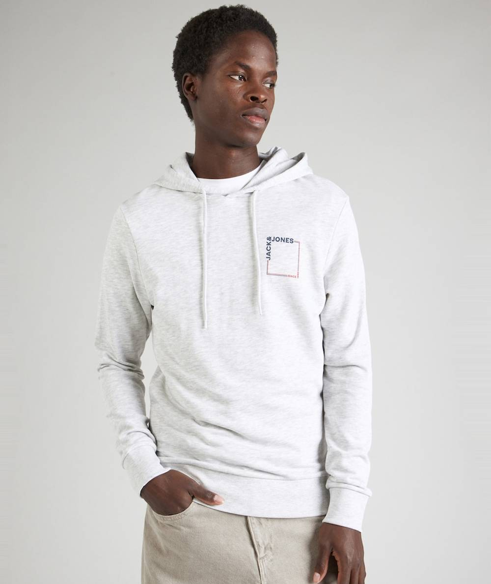 Sudadera gris con capucha ajustable, estampado con logo frontal, confeccionada en felpa ligera para un estilo cómodo y moderno