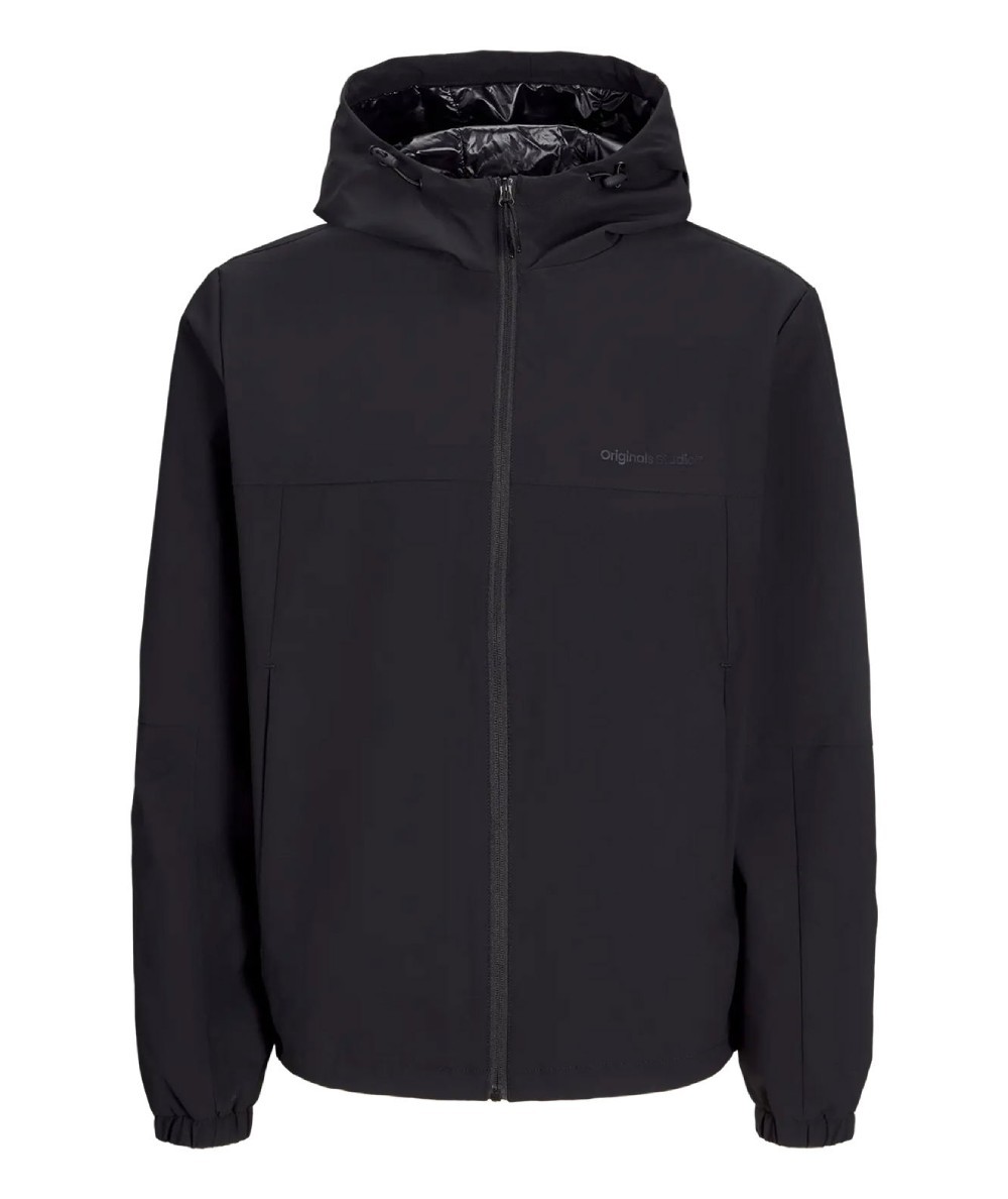 Chaqueta softshell negra Jack & Jones para hombre, resistente al agua y con capucha ajustable.