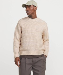 ersey beige de punto Jack & Jones para hombre con corte loose y cuello redondo