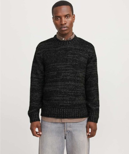 Jersey negro de punto Jack & Jones para hombre con corte loose y cuello redondo