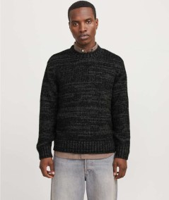 Jersey negro de punto Jack & Jones para hombre con corte loose y cuello redondo