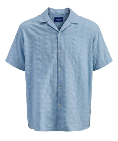 Camisa jacquard azul para hombre loose fit manga corta cuello bowling