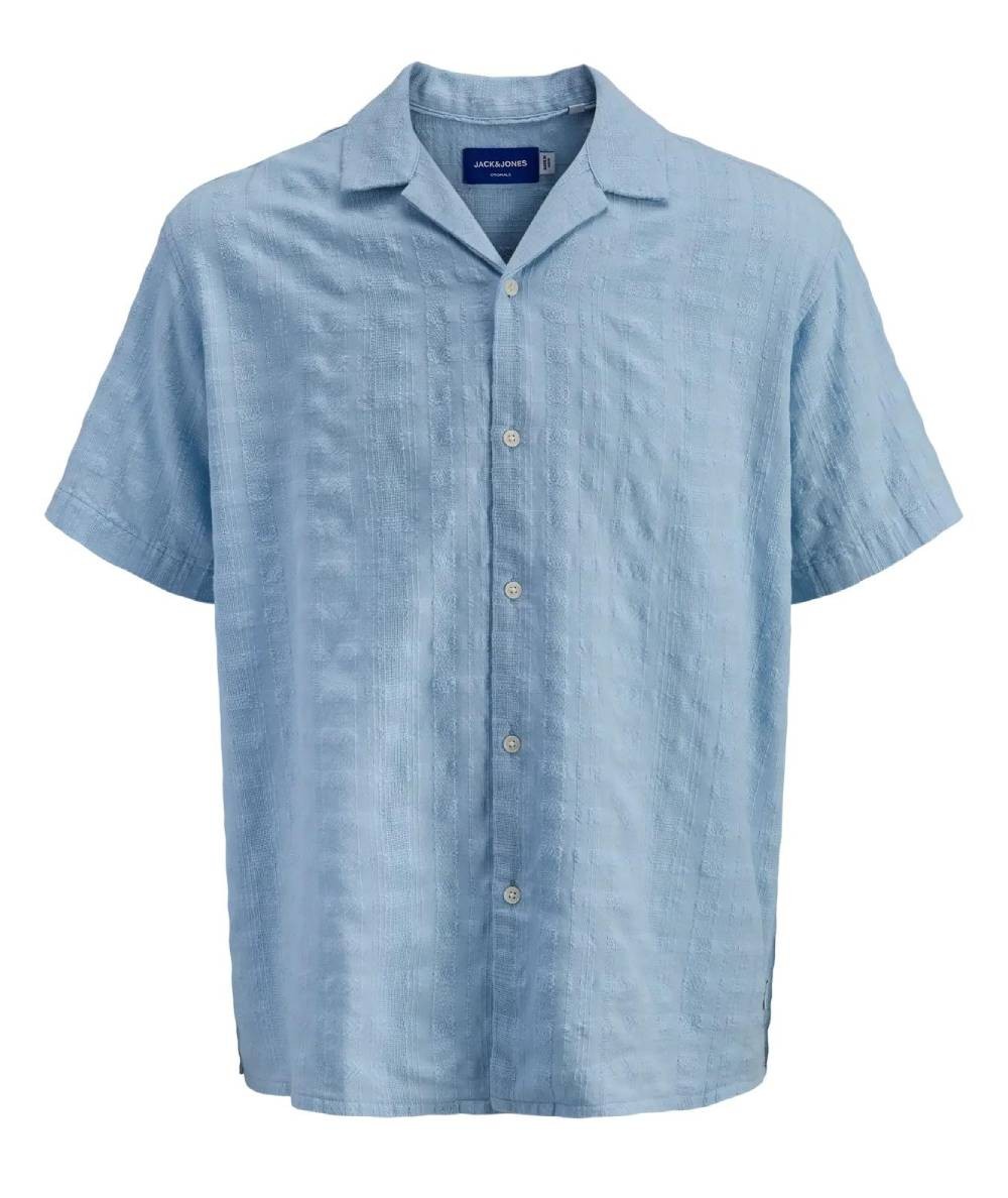 Camisa jacquard azul para hombre loose fit manga corta cuello bowling