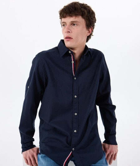 Camisa azul marino para hombre manga larga 100% algodón corte relajado