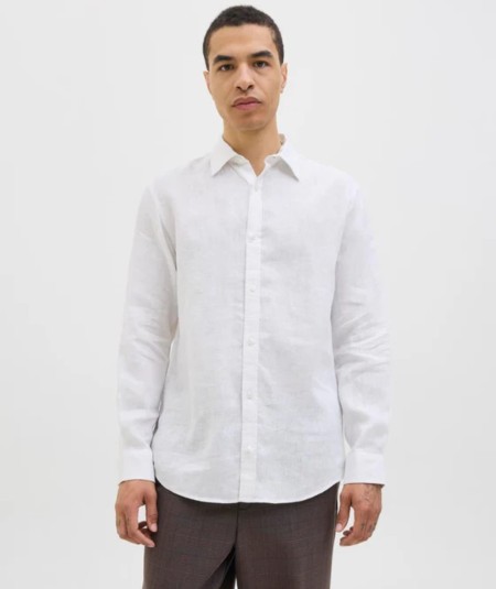 Camisa blanca de lino para hombre manga larga corte regular