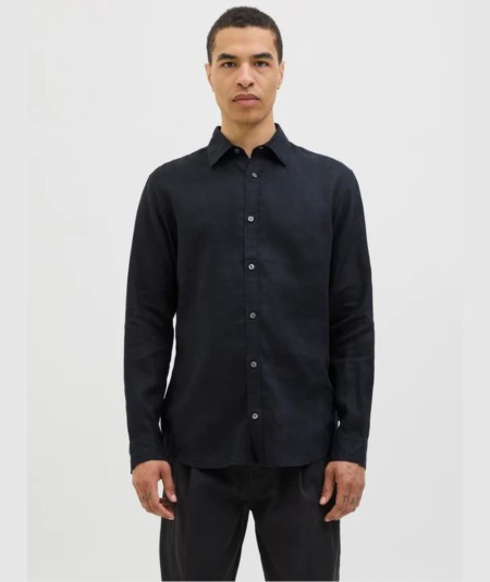 Camisa negra de lino para hombre manga larga corte regular