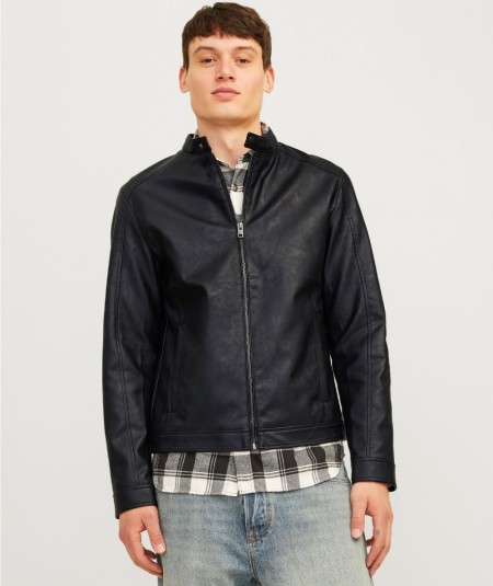 Chaqueta de cuero sintético negra para hombre estilo biker