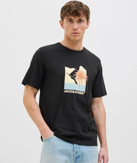 Camiseta negra hombre Jack & Jones Barbados Tee 12269416 estampada España