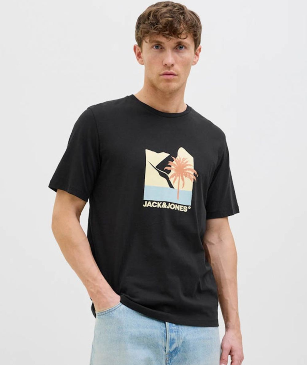 Camiseta negra hombre Jack & Jones Barbados Tee 12269416 estampada España