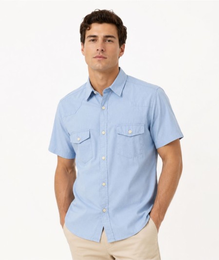 Camisa de manga corta para hombre Carlos Córdoba TAPETAS Custom Fit confeccionada en 100% algodón con dos bolsillos delanteros 