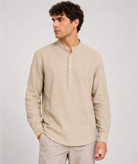 Camisa de manga larga para hombre Rosso Ibiza CH742 confeccionada en 100% lino natural, con tira para remangar las mangas y pre