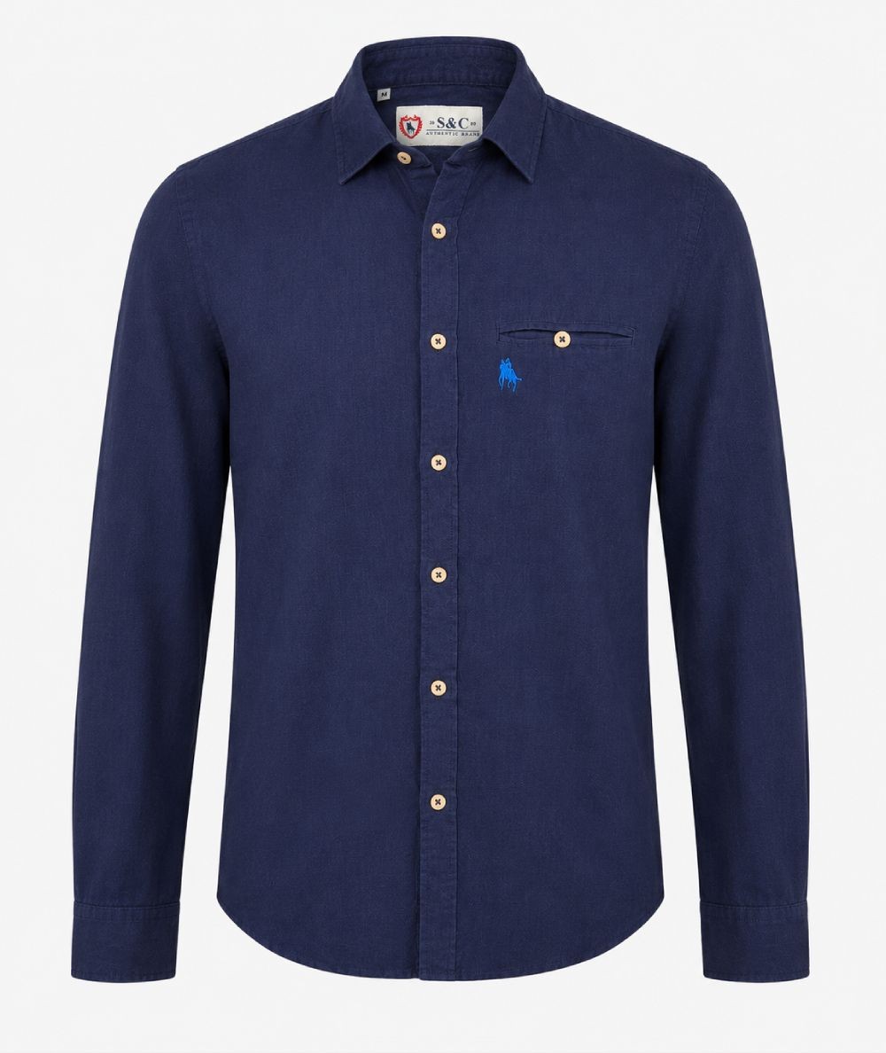 Camisa de manga larga para hombre 3001-P confeccionada en 100% algodón con efecto lino, con bolsillo delantero izquierdo y pres