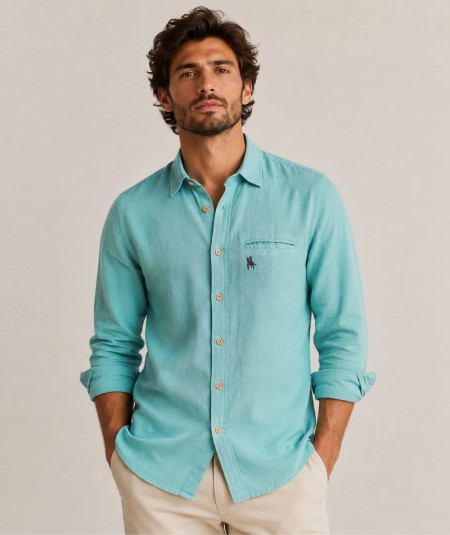 Camisa de manga larga para hombre 3001-P confeccionada en 100% algodón con efecto lino, con bolsillo delantero izquierdo y pres
