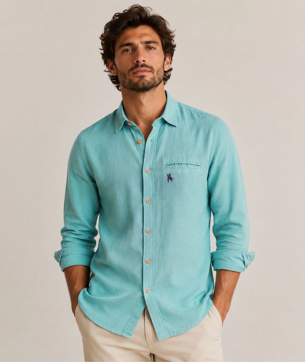 Camisa de manga larga para hombre 3001-P confeccionada en 100% algodón con efecto lino, con bolsillo delantero izquierdo y pres