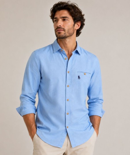 Camisa de manga larga para hombre 3001-P confeccionada en 100% algodón con efecto lino, con bolsillo delantero izquierdo y pres