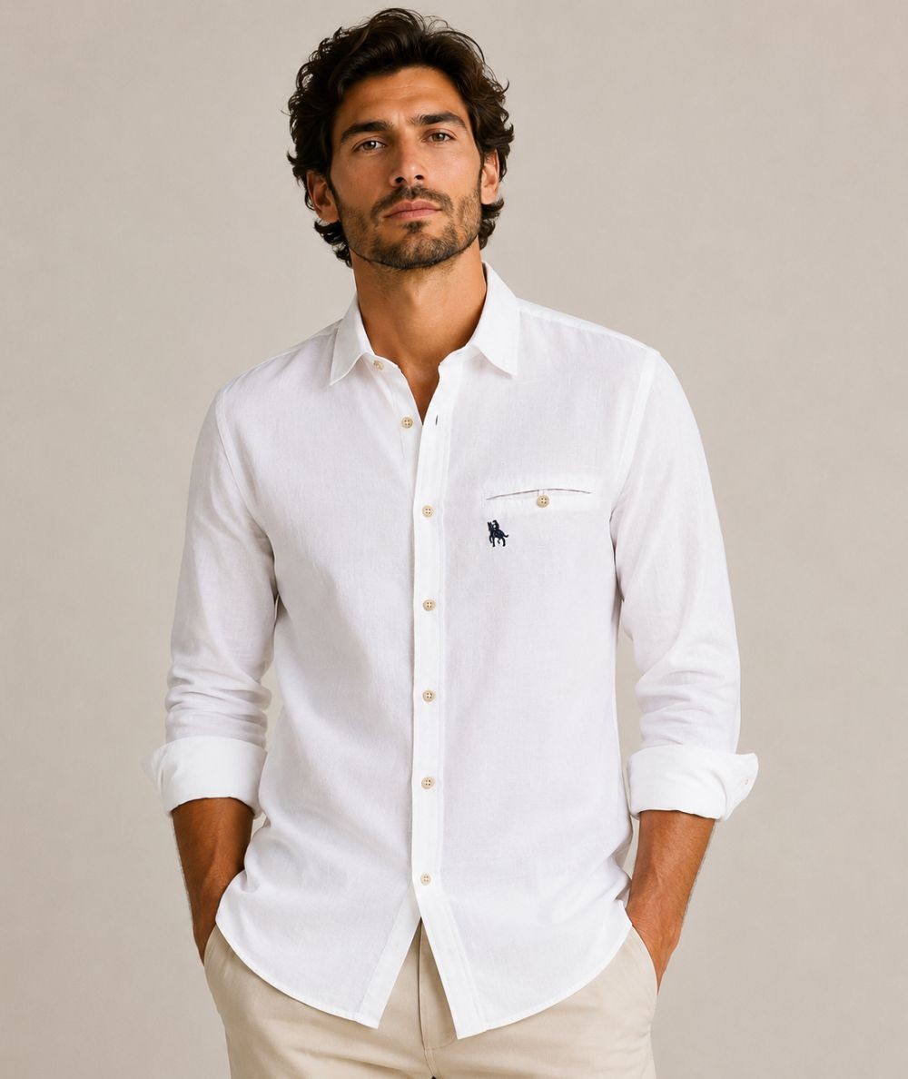 Camisa de manga larga para hombre 3001-P confeccionada en 100% algodón con efecto lino, con bolsillo delantero izquierdo y pres