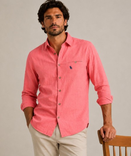 Camisa de manga larga para hombre 3001-P confeccionada en 100% algodón con efecto lino, con bolsillo delantero izquierdo y pres
