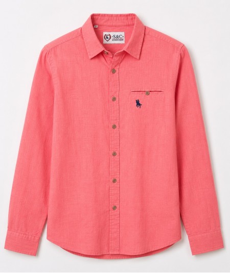 Camisa de manga larga para hombre 3001-P confeccionada en 100% algodón con efecto lino, con bolsillo delantero izquierdo y pres