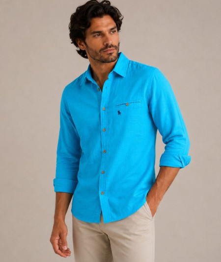 Camisa de manga larga para hombre 3001-P confeccionada en 100% algodón con efecto lino, con bolsillo delantero izquierdo y pres