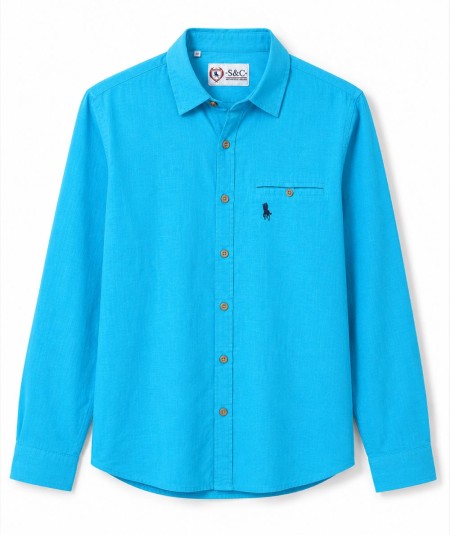 Camisa de manga larga para hombre 3001-P confeccionada en 100% algodón con efecto lino, con bolsillo delantero izquierdo y pres