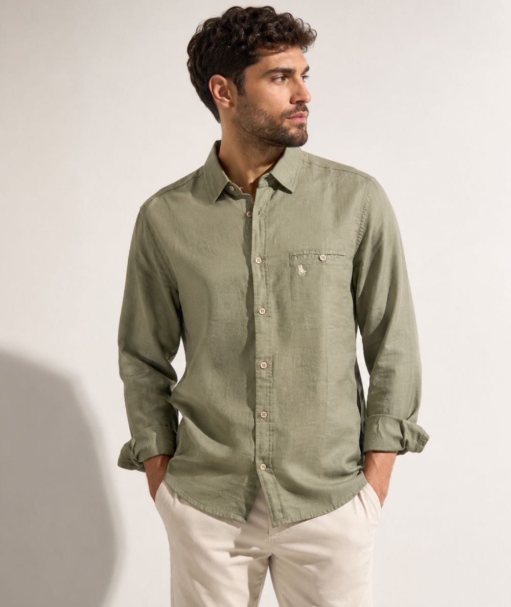 Camisa de manga larga para hombre 3001-P confeccionada en 100% algodón con efecto lino, con bolsillo delantero izquierdo y pres