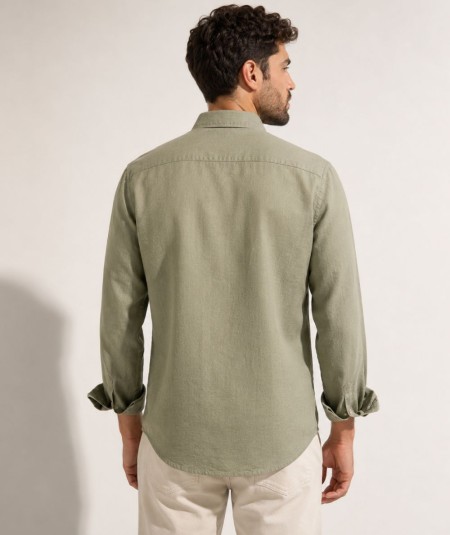 Camisa de manga larga para hombre 3001-P confeccionada en 100% algodón con efecto lino, con bolsillo delantero izquierdo y pres