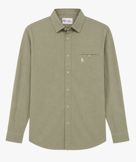 Camisa de manga larga para hombre 3001-P confeccionada en 100% algodón con efecto lino, con bolsillo delantero izquierdo y pres