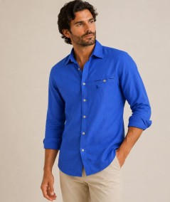 Camisa de manga larga para hombre 3001-P confeccionada en 100% algodón con efecto lino, con bolsillo delantero izquierdo y pres