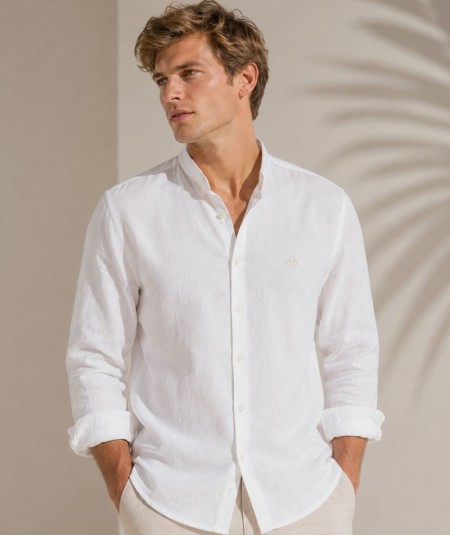 Camisa de manga larga para hombre CH741 confeccionada en lino con cuello Mao, corte Medium Fit, sin bolsillo delantero y espald