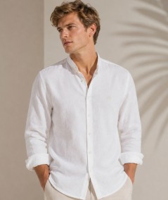 Camisa de manga larga para hombre CH741 confeccionada en lino con cuello Mao, corte Medium Fit, sin bolsillo delantero y espald