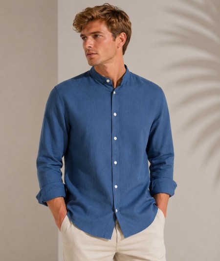 Camisa de manga larga para hombre CH741 confeccionada en lino con cuello Mao, corte Medium Fit, sin bolsillo delantero y espald