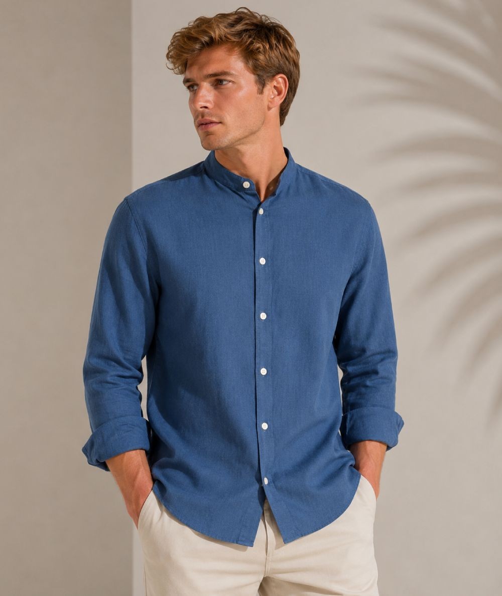Camisa de manga larga para hombre CH741 confeccionada en lino con cuello Mao, corte Medium Fit, sin bolsillo delantero y espald