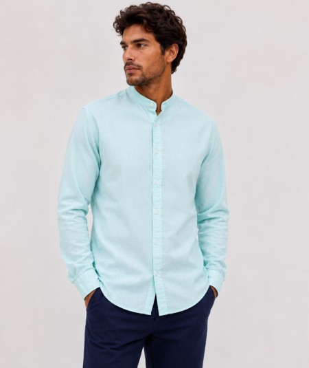 Camisa de manga larga para hombre CH741 confeccionada en lino con cuello Mao, corte Medium Fit, sin bolsillo delantero y espald