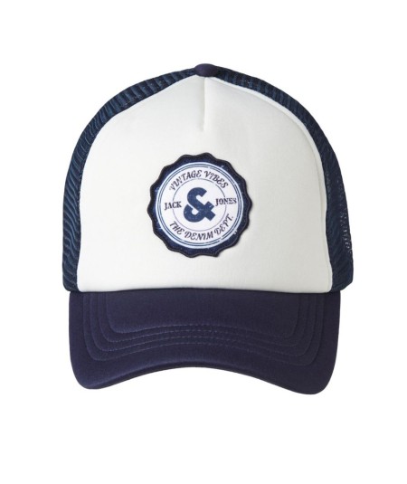 Gorra para hombre Jack & Jones Miles 12248834 estilo trucker en color azul marino y blanco con cierre ajustable trasero y logot