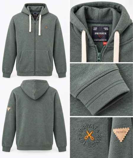 Sudadera con cremallera para hombre Privata PRI1202S confeccionada en 60% algodón y 40% poliéster, con capucha y cordón ajustab