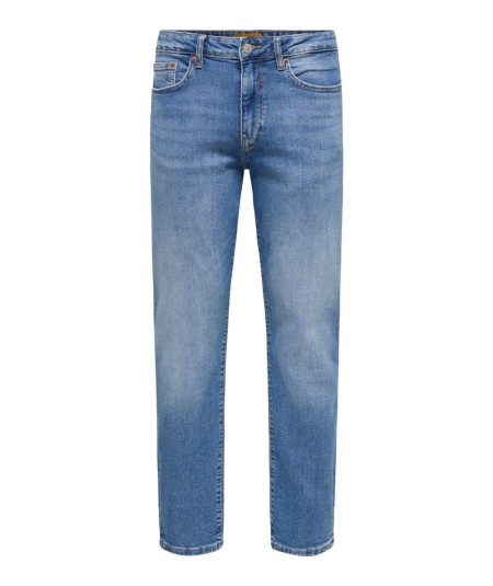 Jeans regular para hombre Only & Sons 22036817 en denim elástico de algodón con acabado claro y efecto desgastado.