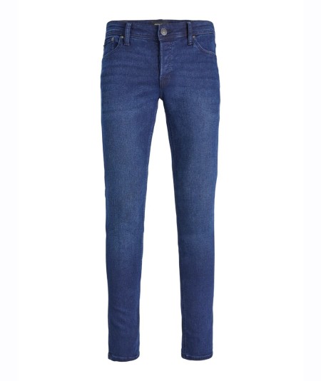 Jeans slim para hombre Jack & Jones GLENN 12237358 en denim azul oscuro con cintura baja, pernera cónica y cierre de botones.