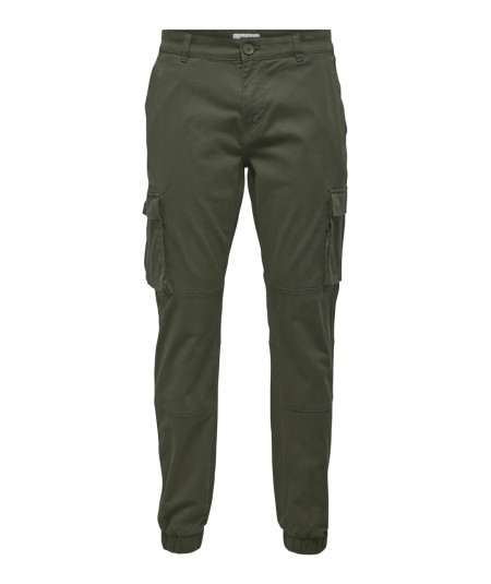 Pantalón cargo kaki de sarga elástica con cinco trabillas y ajuste cómodo