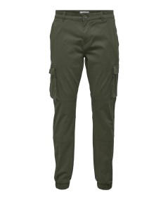 Pantalón cargo kaki de sarga elástica con cinco trabillas y ajuste cómodo